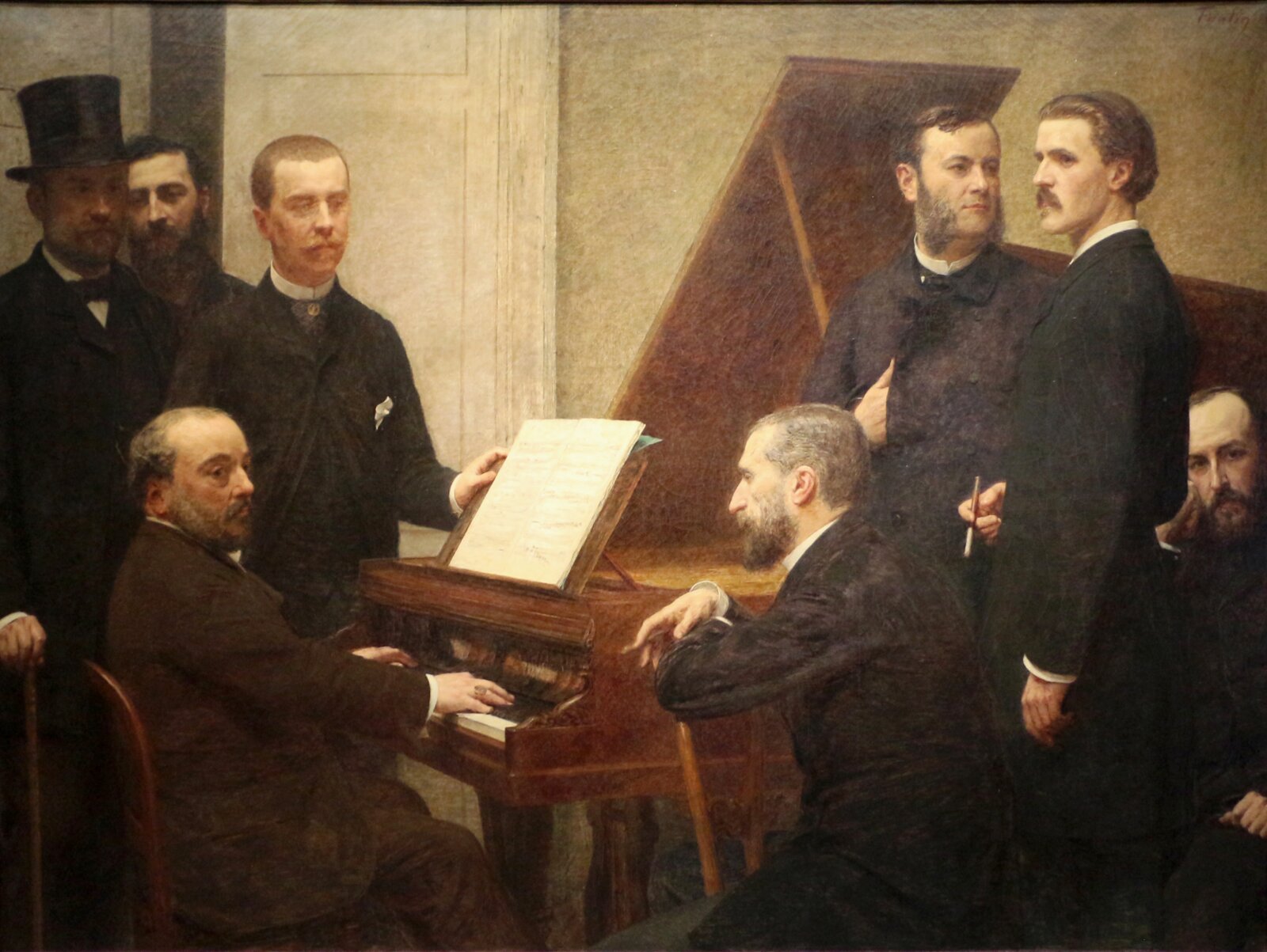 Henri Fantin-Latour. Around the Piano — musicians gathered around a grand piano