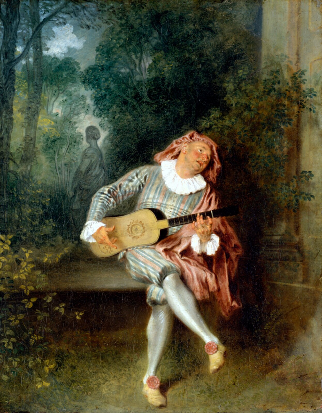 Antoine Watteau, Mezzetin — a seated musician with a guitar in a garden